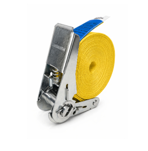Sangle d’arrimage 25 mm type ceinture avec tendeur à cliquet jaune